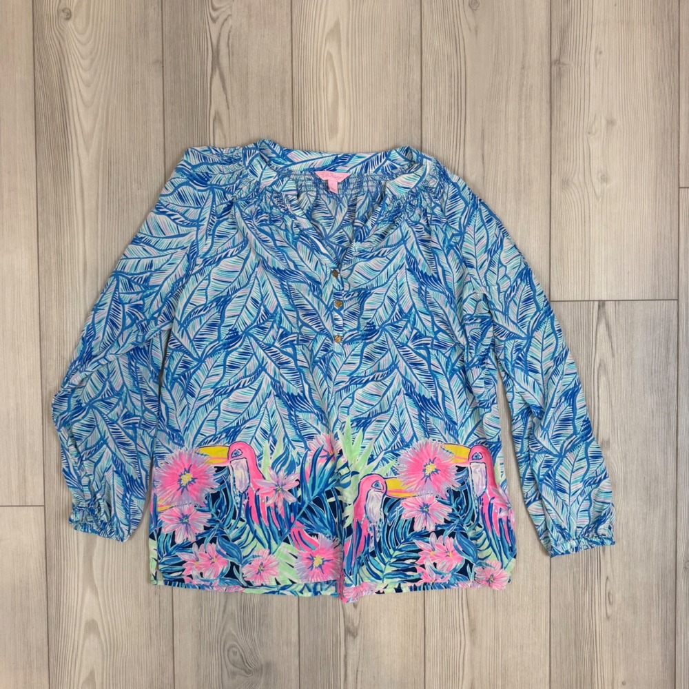 Lilly Pulitzer Elsa Silk Top Toucan Can Blue Pink Tropical Floral Blouse L